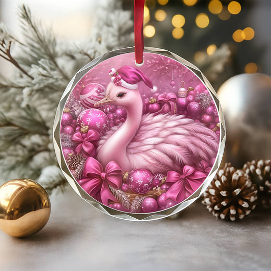 Ostrich Pink Christmas Design 1 Glass Ornament