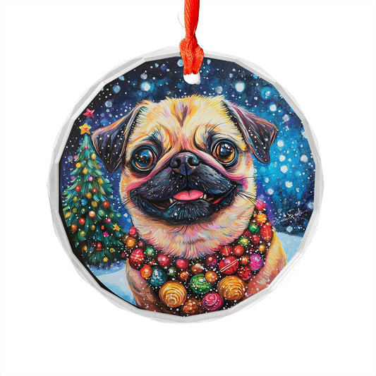 Beautiful Pug Dog Christmas Night Design 3 Glass Ornament
