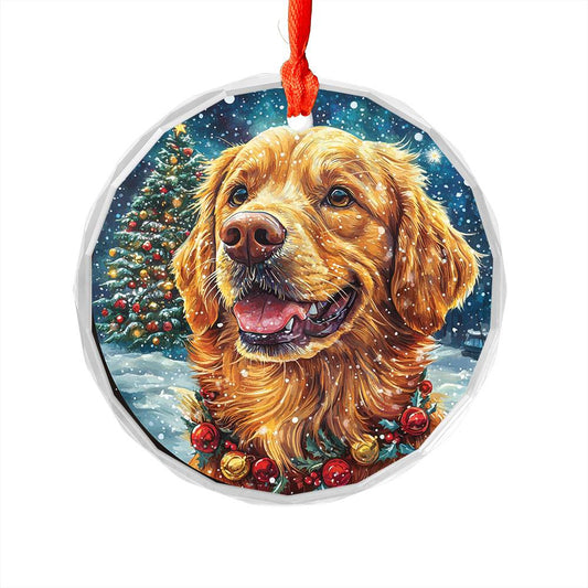 Beautiful Golden Retriever Dog Christmas Night Design 1 Glass Ornament