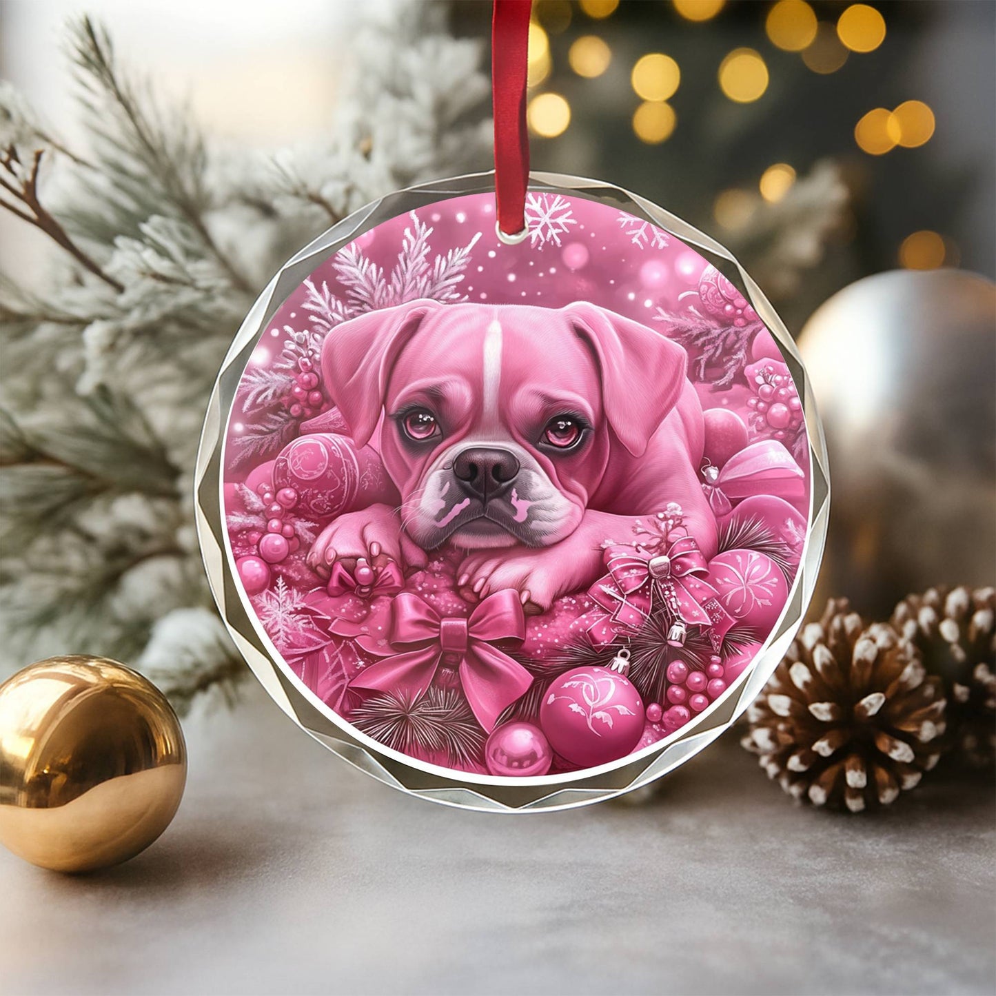 Boxer Dog Pink Christmas Design 2 Glass Ornament