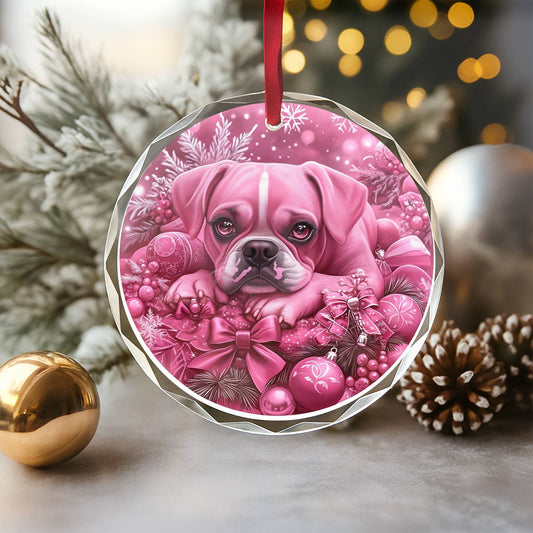 Boxer Dog Pink Christmas Design 2 Glass Ornament