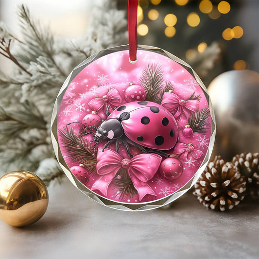 Ladybug Pink Christmas Design 4 Glass Ornament