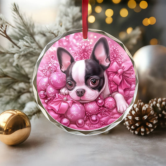 Boston Terrier Dog Pink Christmas Design 3 Glass Ornament