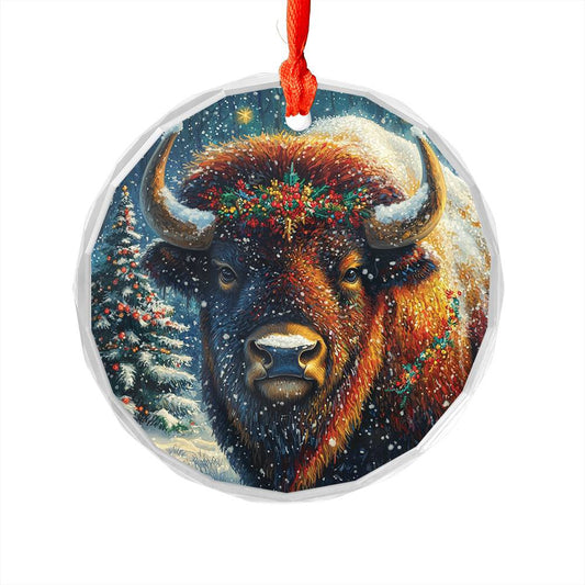 Beautiful Bison Christmas Night Design 3 Glass Ornament
