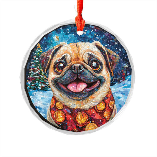 Beautiful Pug Dog Christmas Night Design 1 Glass Ornament