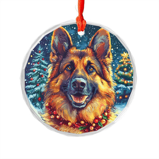 Beautiful German Shepherd Dog Christmas Night Design 3 Glass Ornament