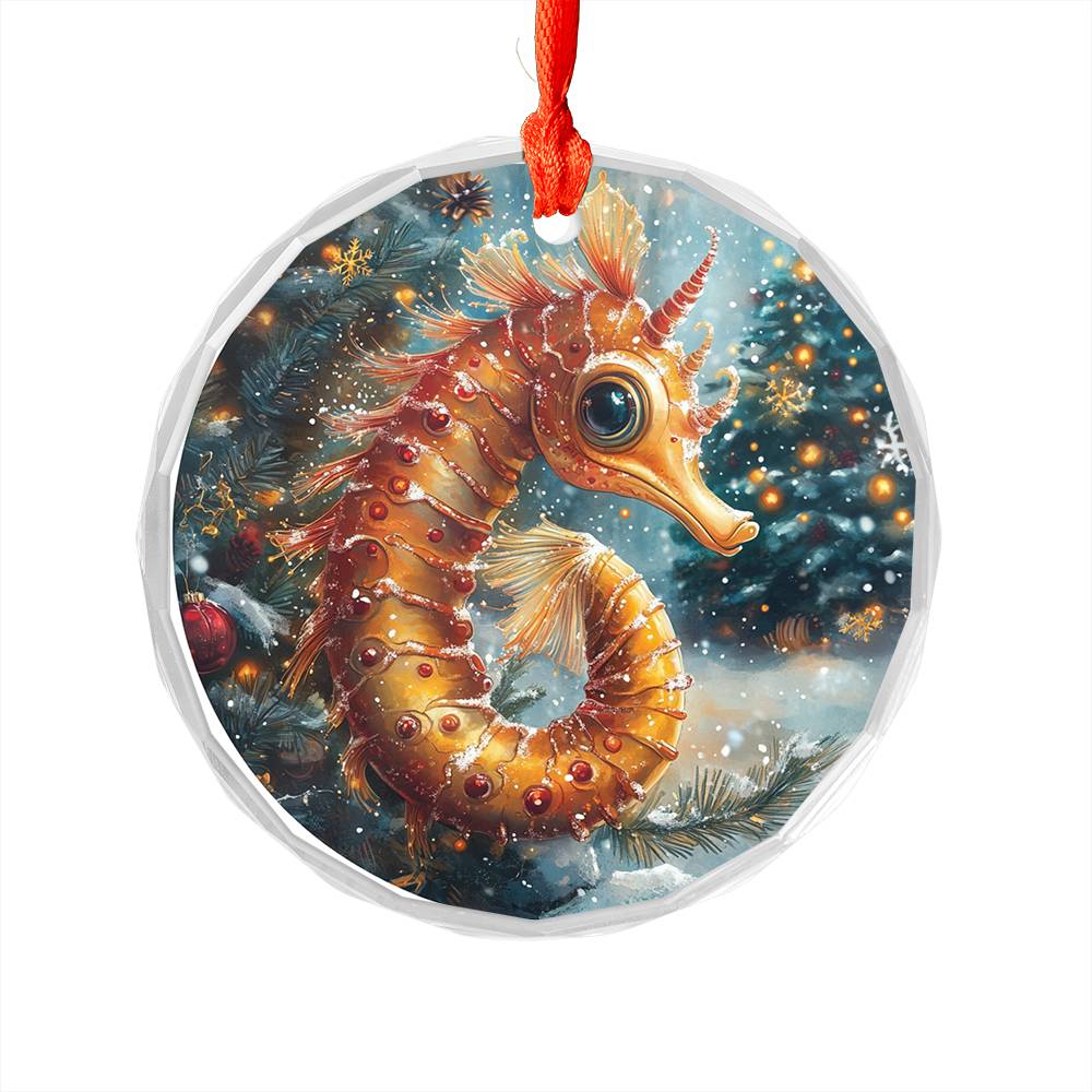 Beautiful Angus Seahorse Christmas Night Design 1 Glass Ornament