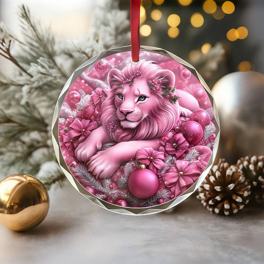 Lion Pink Christmas Design 3 Glass Ornament