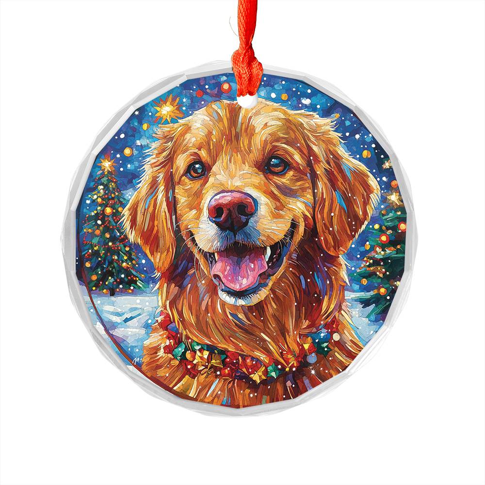 Beautiful Golden Retriever Dog Christmas Night Design 3 Glass Ornament