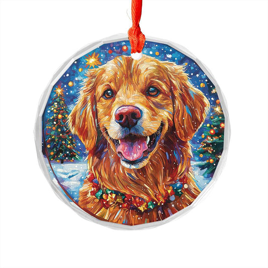 Beautiful Golden Retriever Dog Christmas Night Design 3 Glass Ornament
