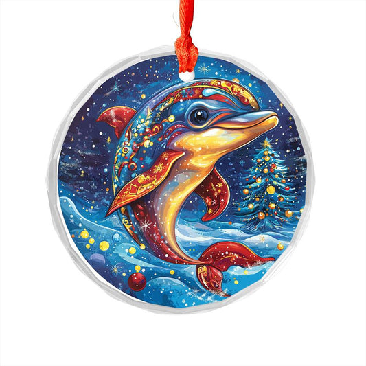 Beautiful Angus Dolphin Christmas Night Design 1 Glass Ornament