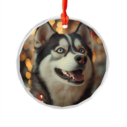 Beautiful Angus Huskie Dog Christmas Night Design 1 Glass Ornament