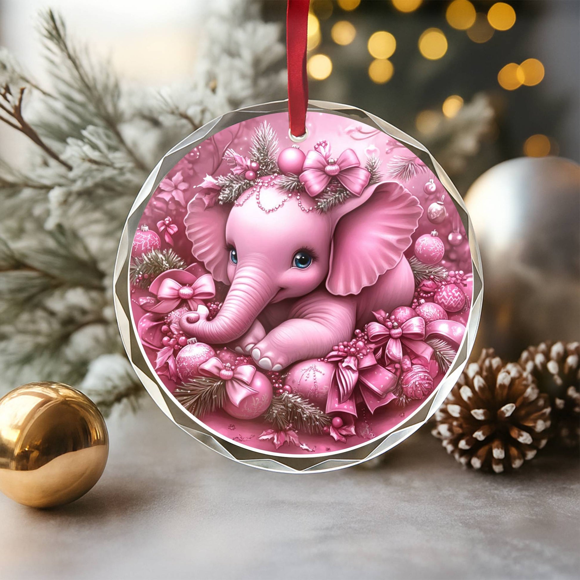 Elephant Pink Christmas Design 2 Glass Ornament