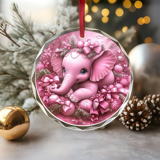 Elephant Pink Christmas Design 2 Glass Ornament