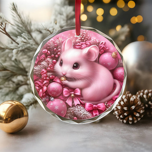 Hamster Pink Christmas Design 3 Glass Ornament