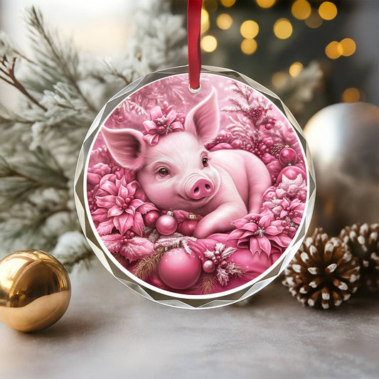 Pig Pink Christmas Design 2 Glass Ornament