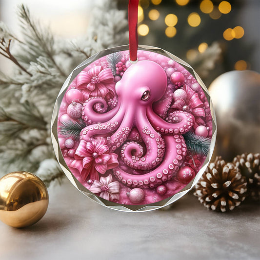 Octopus Pink Christmas Design 1 Glass Ornament