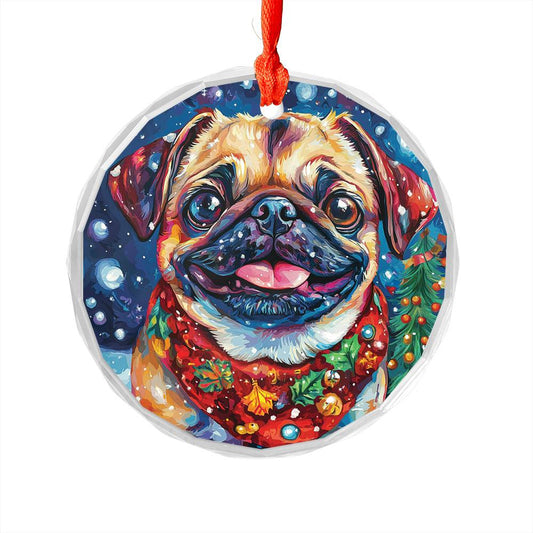 Beautiful Pug Dog Christmas Night Design 2 Glass Ornament