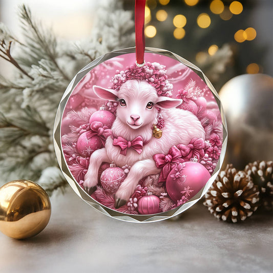 Sheep Pink Christmas Design 1 Glass Ornament