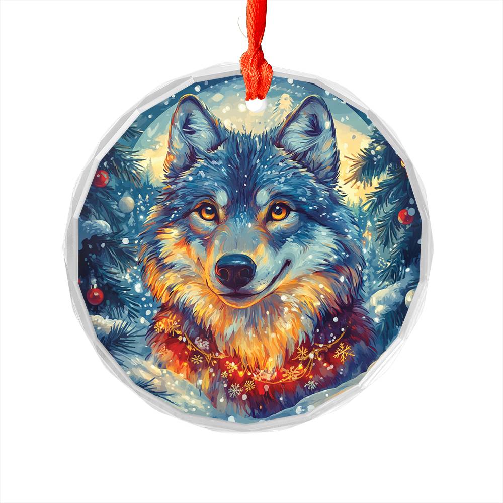 Beautiful Angus Wolf Christmas Night Design 2 Glass Ornament