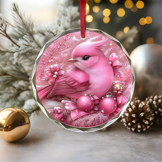 Songbird Pink Christmas Design 4 Glass Ornament