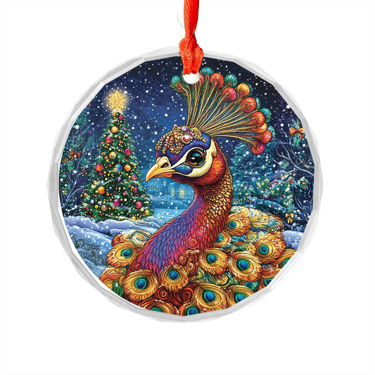 Beautiful Peacock Christmas Night Design 4 Glass Ornament