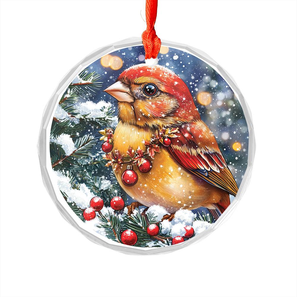 Beautiful Finch Christmas Night Design 3 Glass Ornament