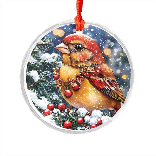 Beautiful Finch Christmas Night Design 3 Glass Ornament