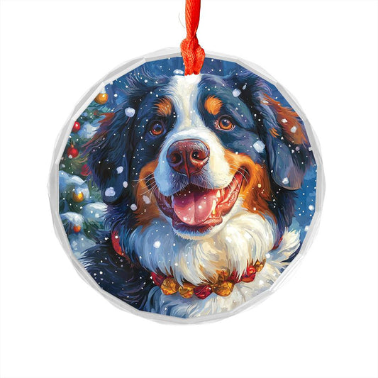 Beautiful Angus Bernese Mountain Dog Christmas Night Design 2 Glass Ornament