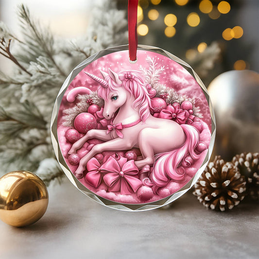 Unicorn Pink Christmas Design 2 Glass Ornament