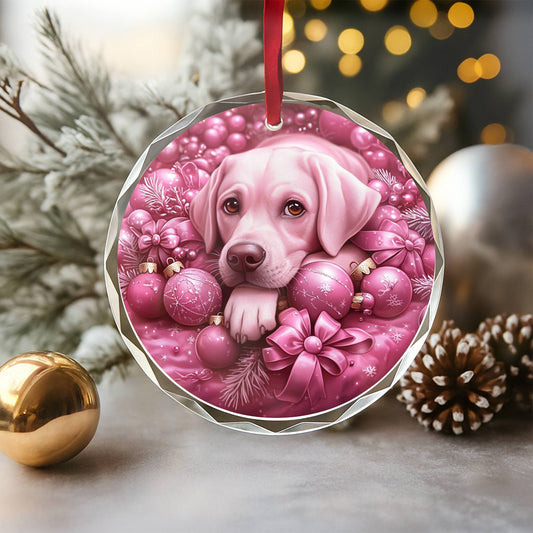 Labrador Retriever Dog Pink Christmas Design 1 Glass Ornament