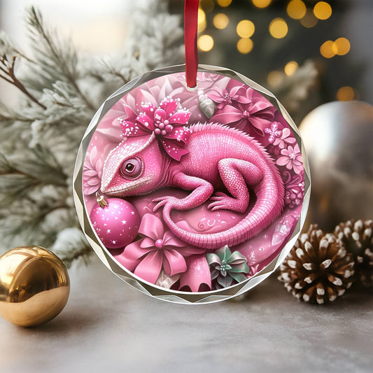 Chameleon Pink Christmas Design 1 Glass Ornament