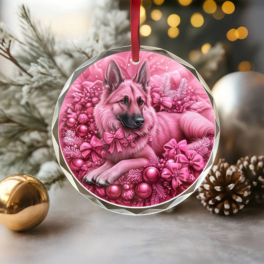 German Shepherd Dog Pink Christmas Design 1 Glass Ornament