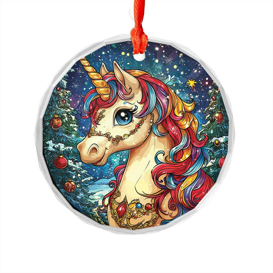 Beautiful Angus Unicorn Christmas Night Design 4 Glass Ornament