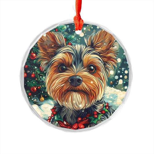 Beautiful Angus Yorkshire Terrier Dog Christmas Night Design 4 Glass Ornament