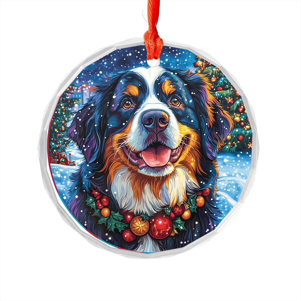 Beautiful Angus Bernese Mountain Dog Christmas Night Design 1 Glass Ornament