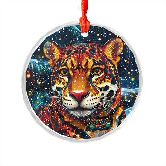 Beautiful Jaguar Christmas Night Design 4 Glass Ornament