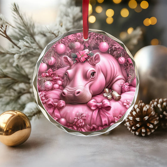 Hippo Pink Christmas Design 3 Glass Ornament