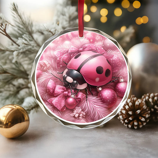 Ladybug Pink Christmas Design 1 Glass Ornament