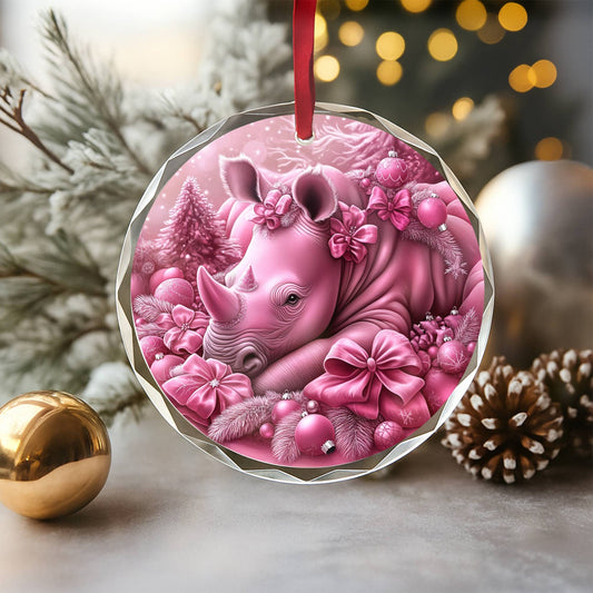 Rhino Pink Christmas Design 4 Glass Ornament