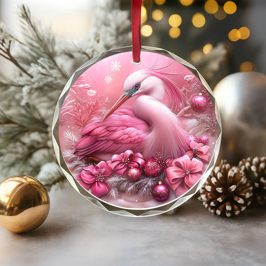 Heron Pink Christmas Design 3 Glass Ornament