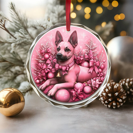 Belgian Malinoi Dog Pink Christmas Design 3 Glass Ornament