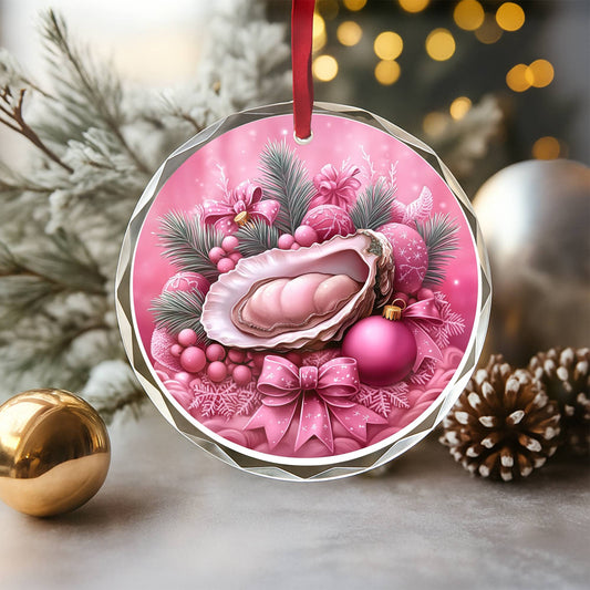 Oysters Pink Christmas Design 1 Glass Ornament