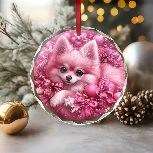Pomeranian Dog Pink Christmas Design 3 Glass Ornament