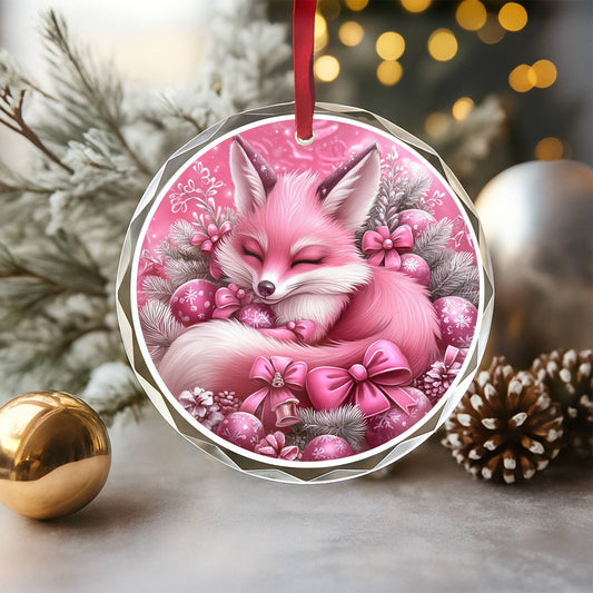 Fox Pink Christmas Design 3 Glass Ornament