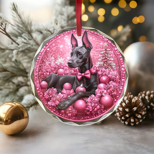 Doberman Pinscher Dog Pink Christmas Design 1 Glass Ornament