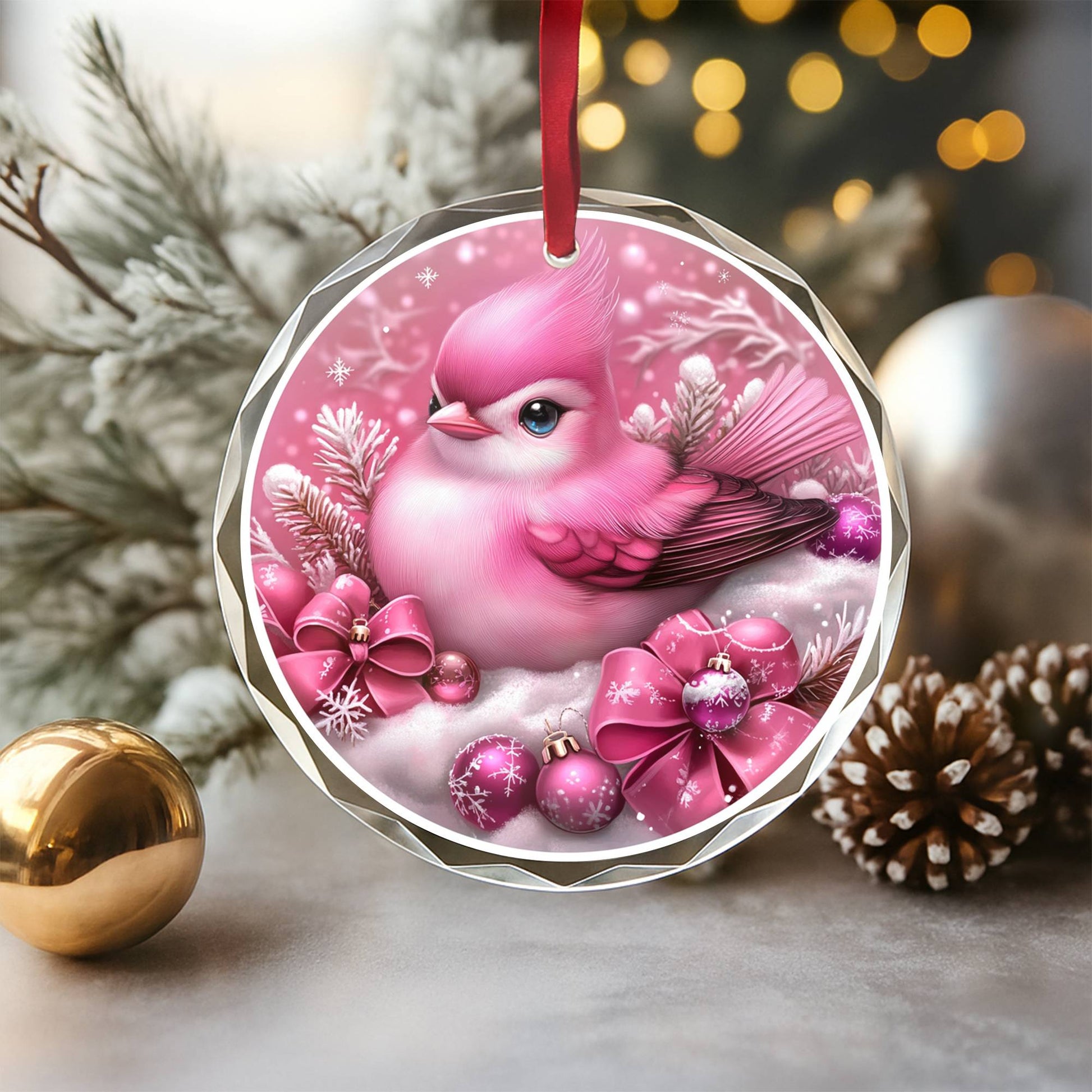 Songbird Pink Christmas Design 1 Glass Ornament