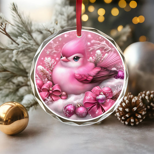 Songbird Pink Christmas Design 1 Glass Ornament