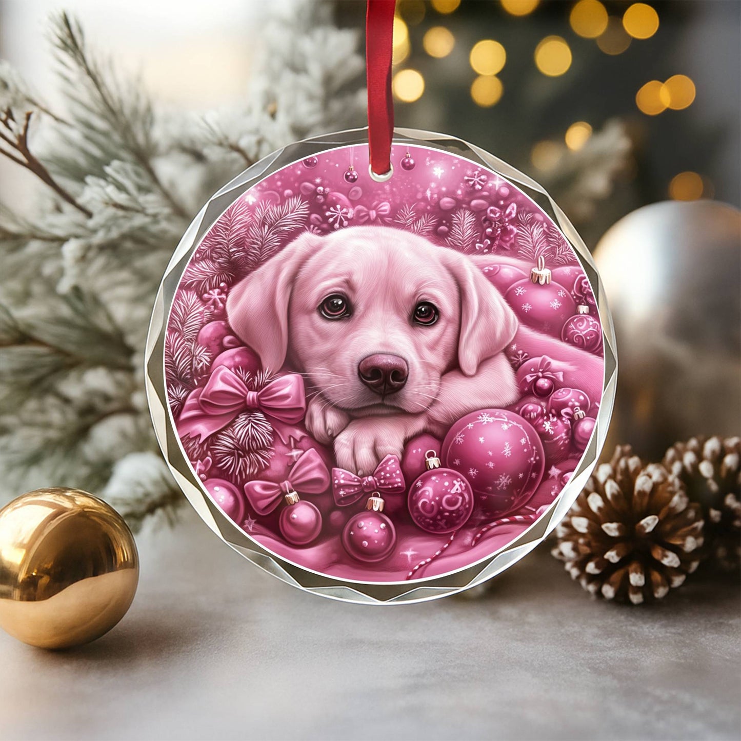 Labrador Retriever Dog Pink Christmas Design 3 Glass Ornament