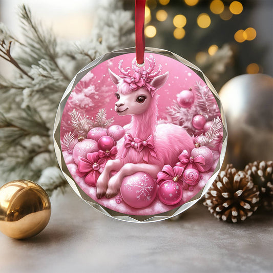 Alpaca Pink Christmas Design 1 Glass Ornament